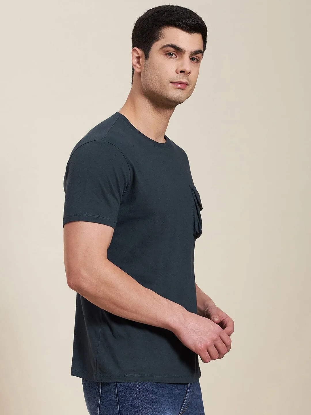 Men's Dark Blue Box Pocket Regular T-Shirt - LYUSH-MASCLN
