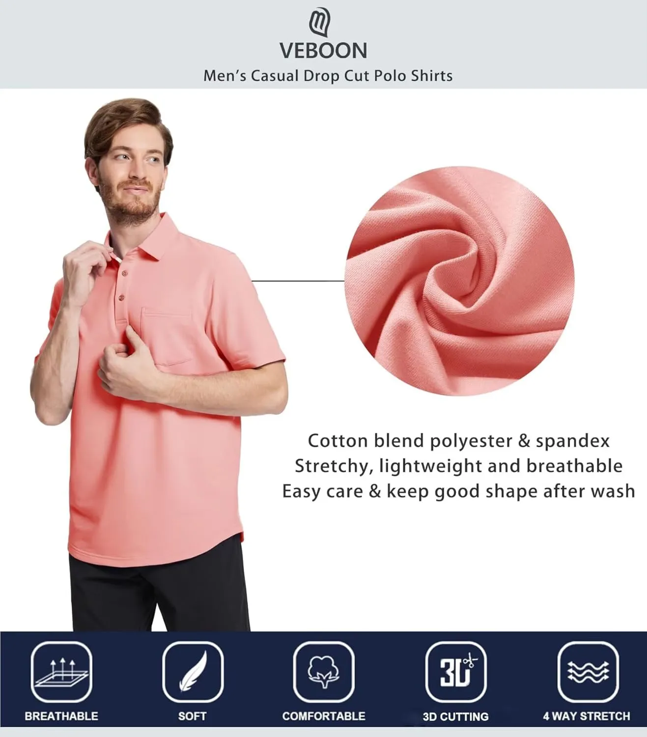 Mens Long and Short Sleeve Polo Shirts Pocket Casual Solid Cotton Blend Drop Cut Collared Polo Shirts for Men