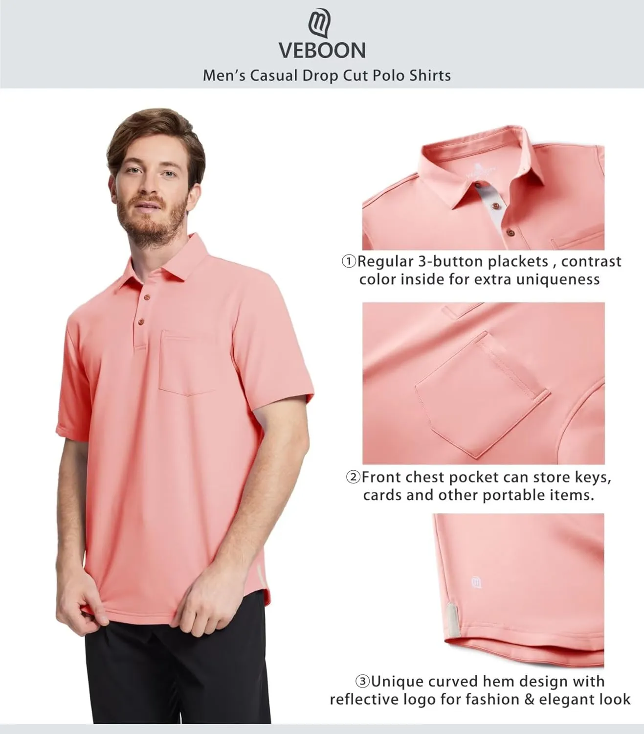 Mens Long and Short Sleeve Polo Shirts Pocket Casual Solid Cotton Blend Drop Cut Collared Polo Shirts for Men