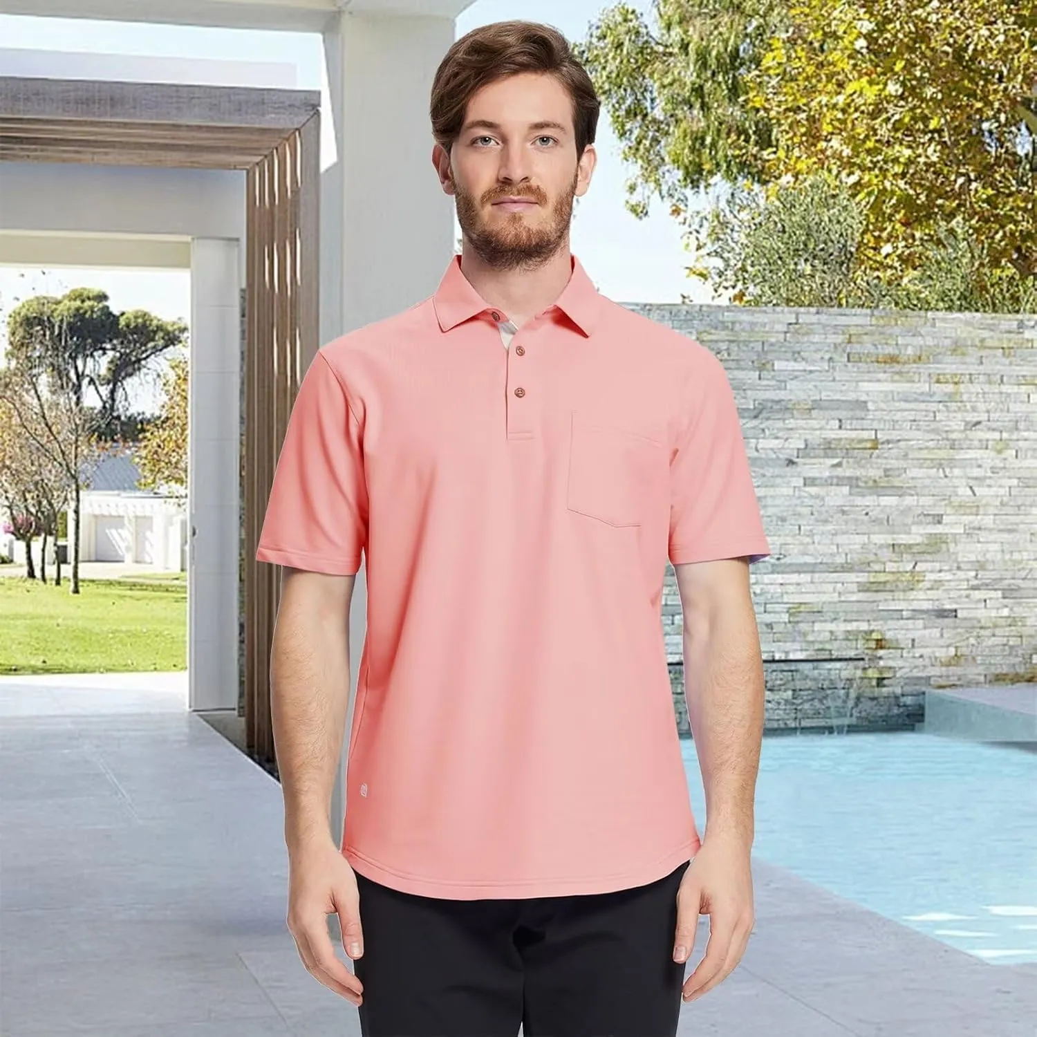 Mens Long and Short Sleeve Polo Shirts Pocket Casual Solid Cotton Blend Drop Cut Collared Polo Shirts for Men