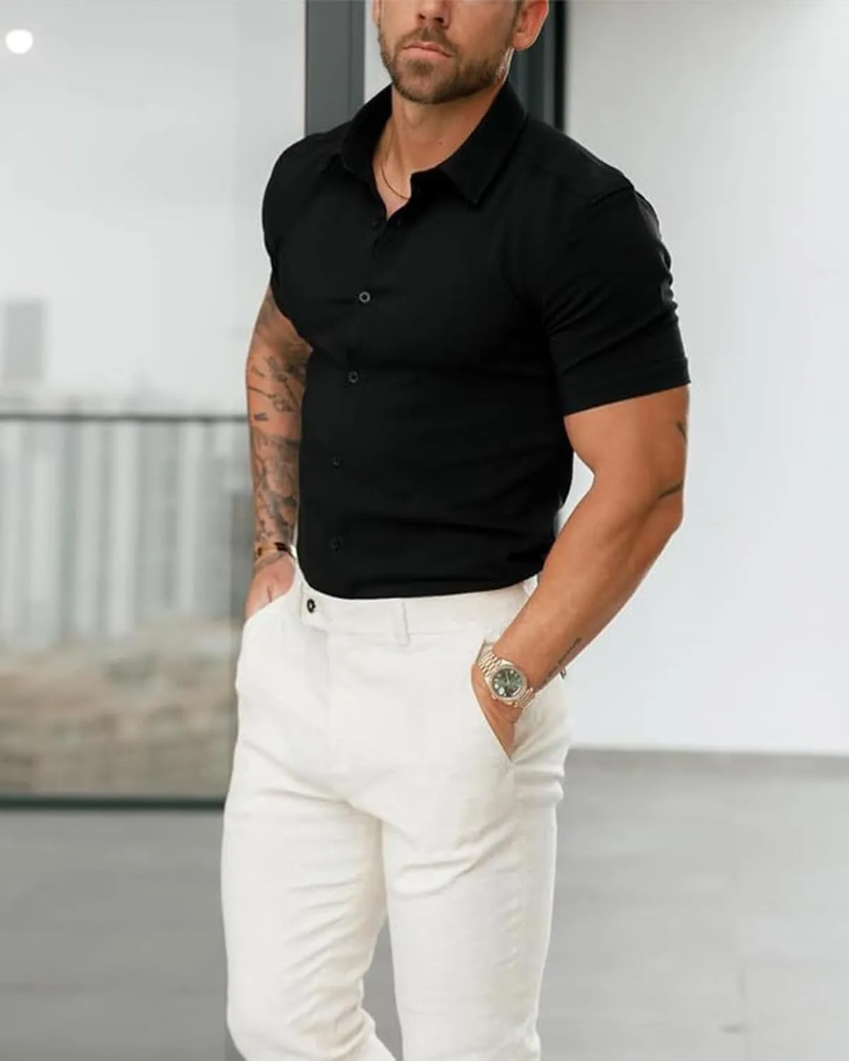Men's Muscle Fit Dress Shirts Short Sleeve Button Down Slim Fit Stretch Wrinkle Summer Shirt for Men