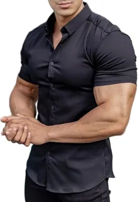 Men's Muscle Fit Dress Shirts Short Sleeve Button Down Slim Fit Stretch Wrinkle Summer Shirt for Men