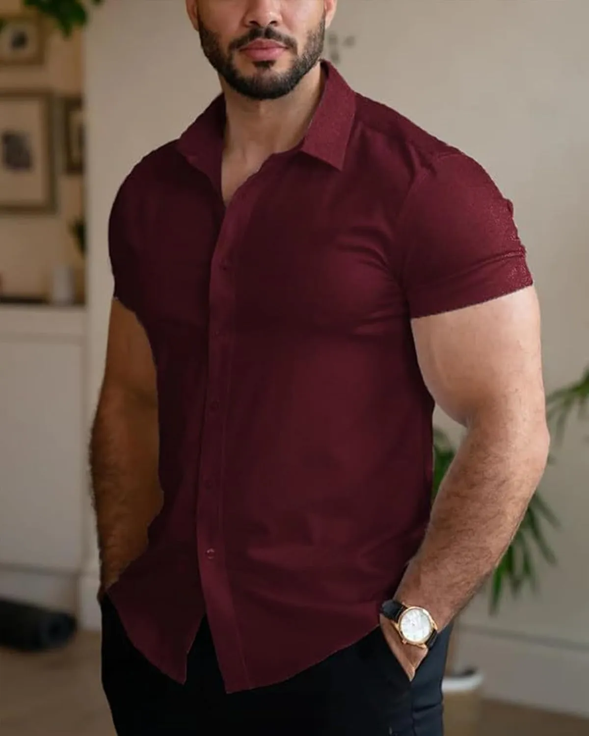 Men's Muscle Fit Dress Shirts Short Sleeve Button Down Slim Fit Stretch Wrinkle Summer Shirt for Men