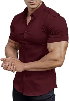 Men's Muscle Fit Dress Shirts Short Sleeve Button Down Slim Fit Stretch Wrinkle Summer Shirt for Men