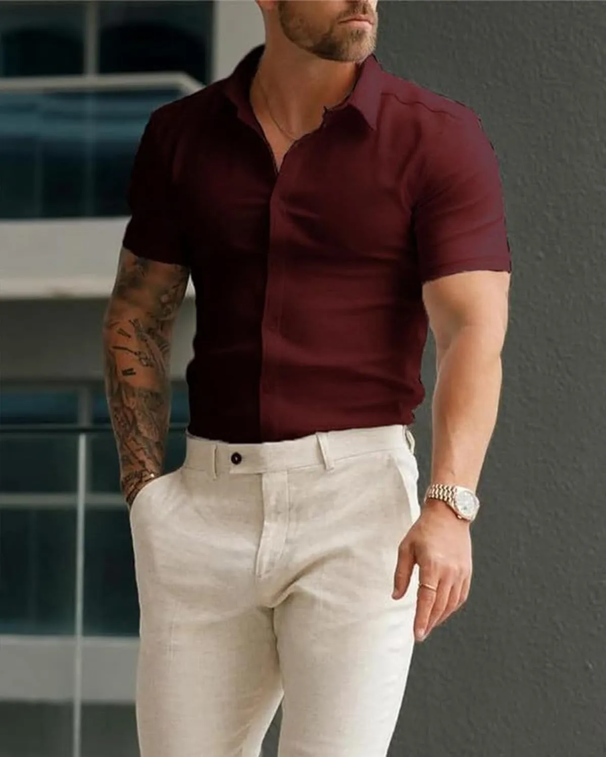 Men's Muscle Fit Dress Shirts Short Sleeve Button Down Slim Fit Stretch Wrinkle Summer Shirt for Men