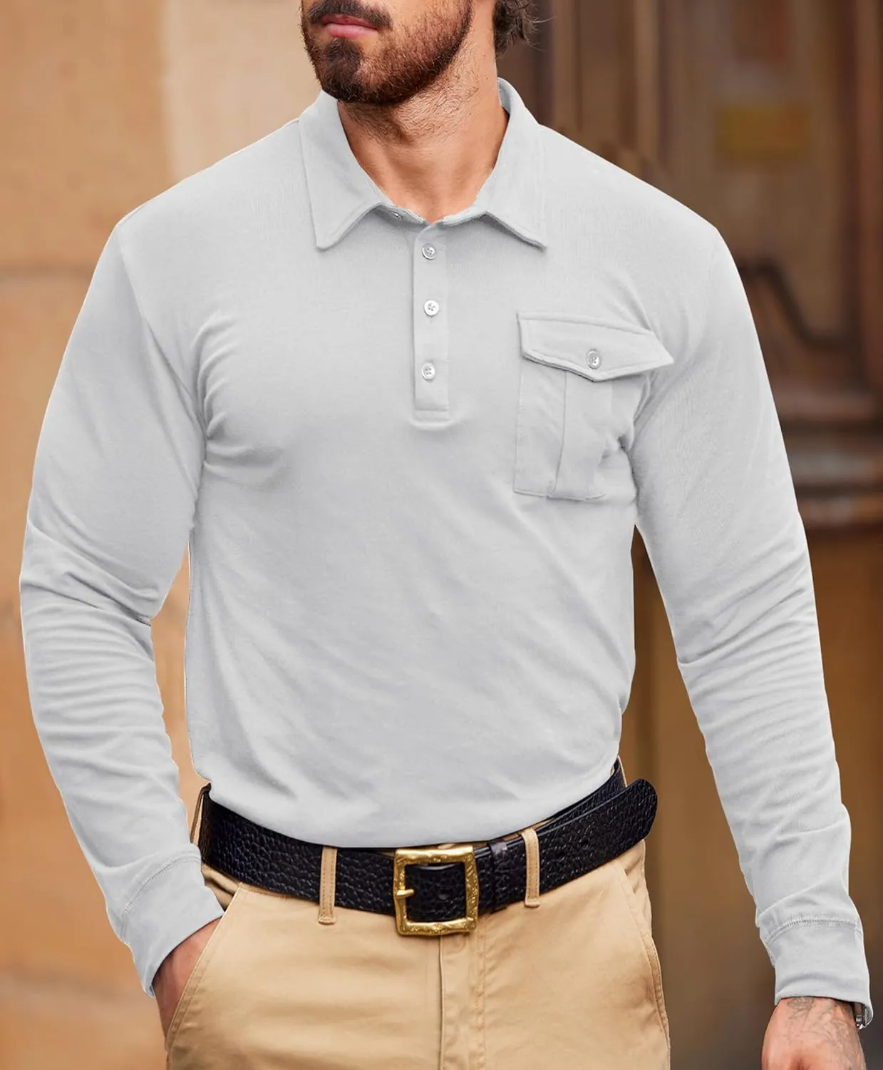 Mens Polo Shirt Cotton Collared Long Sleeve with Pocket Classic Solid Color Button Shirts (S-XXL)
