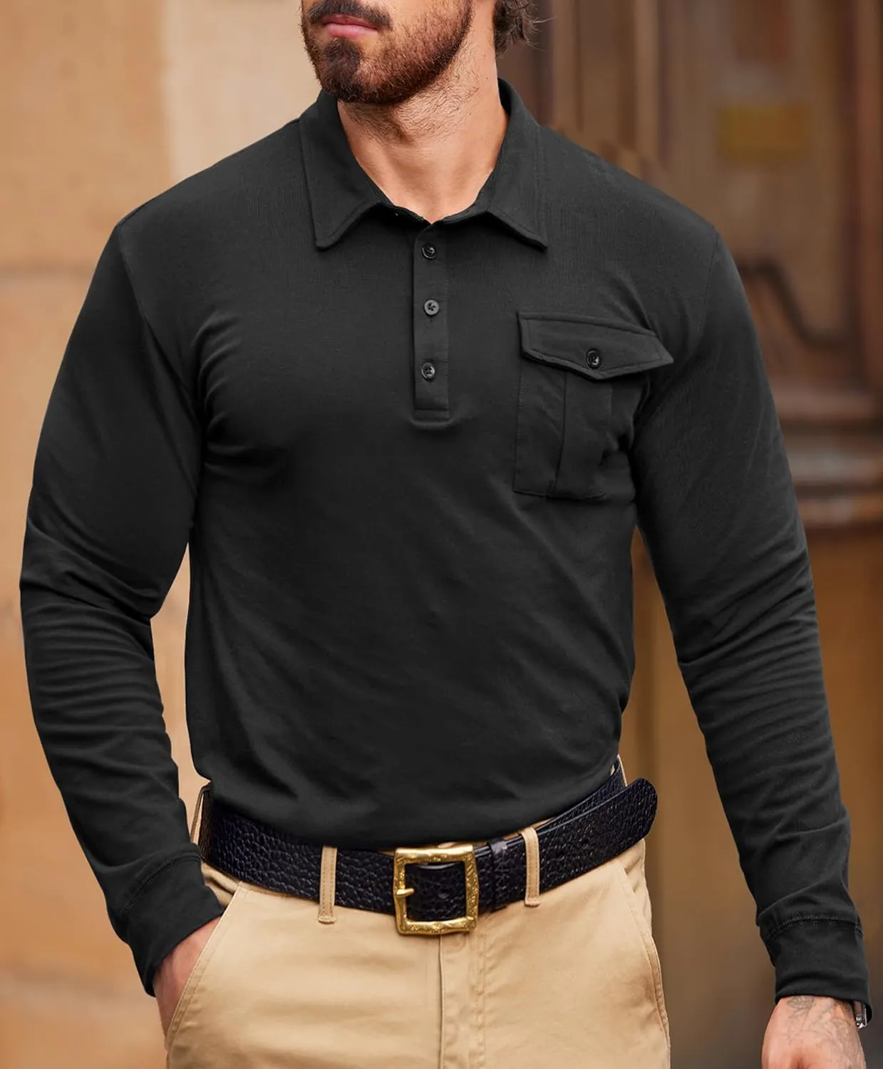 Mens Polo Shirt Cotton Collared Long Sleeve with Pocket Classic Solid Color Button Shirts (S-XXL)