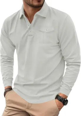 Mens Polo Shirt Cotton Collared Long Sleeve with Pocket Classic Solid Color Button Shirts (S-XXL)