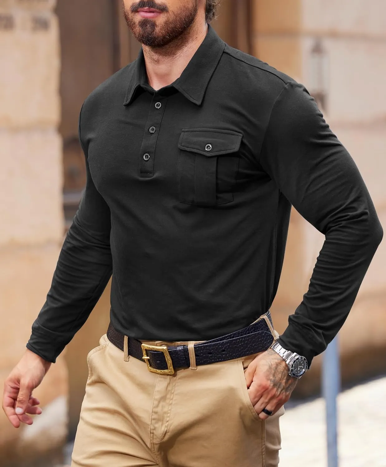 Mens Polo Shirt Cotton Collared Long Sleeve with Pocket Classic Solid Color Button Shirts (S-XXL)