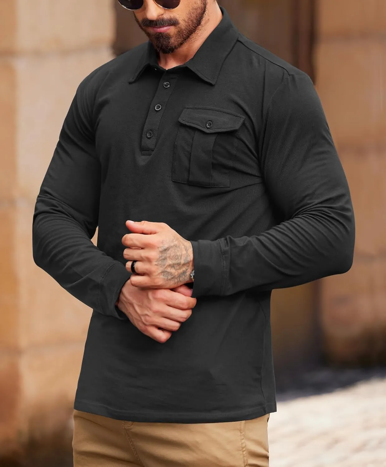 Mens Polo Shirt Cotton Collared Long Sleeve with Pocket Classic Solid Color Button Shirts (S-XXL)