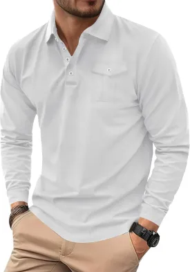 Mens Polo Shirt Cotton Collared Long Sleeve with Pocket Classic Solid Color Button Shirts (S-XXL)