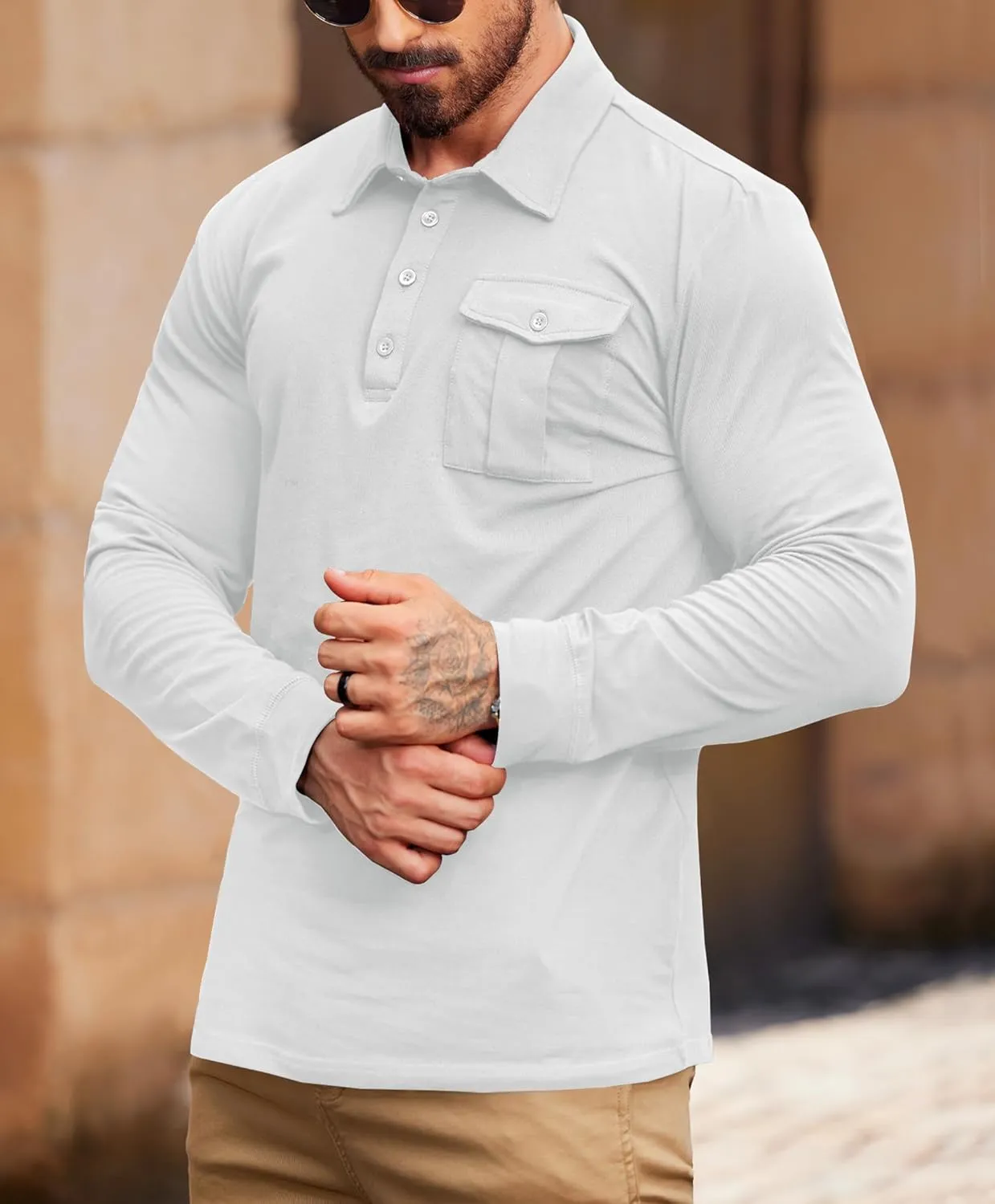Mens Polo Shirt Cotton Collared Long Sleeve with Pocket Classic Solid Color Button Shirts (S-XXL)