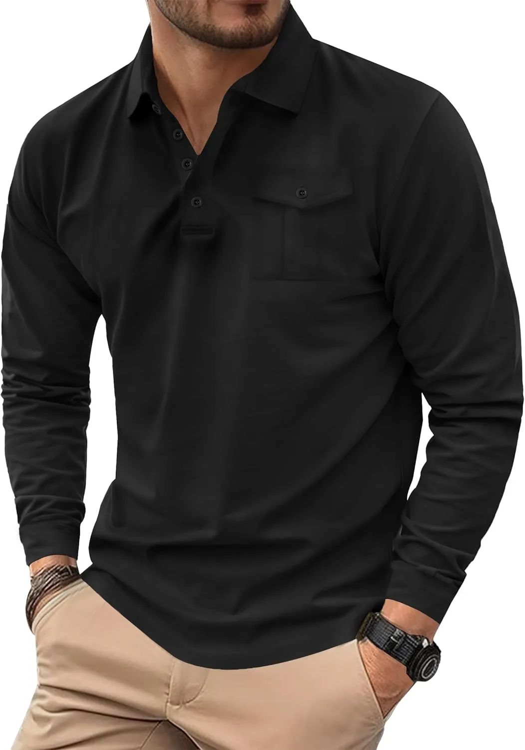 Mens Polo Shirt Cotton Collared Long Sleeve with Pocket Classic Solid Color Button Shirts (S-XXL)