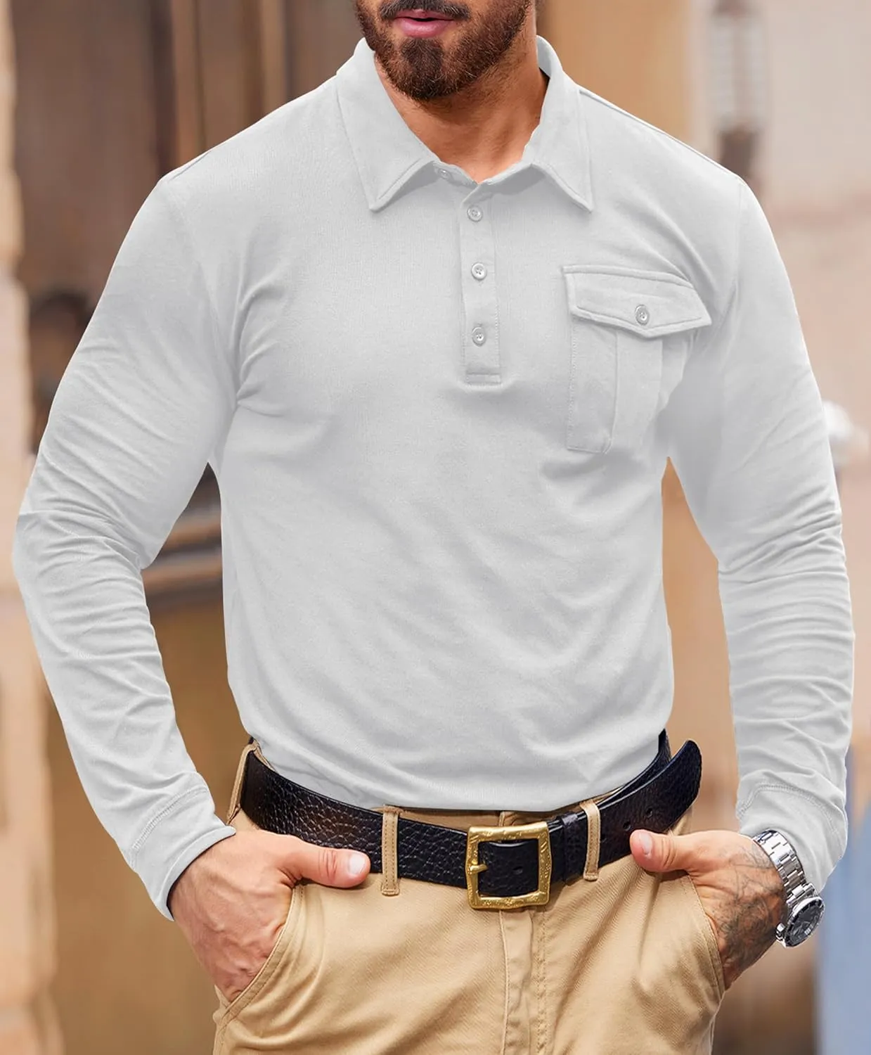 Mens Polo Shirt Cotton Collared Long Sleeve with Pocket Classic Solid Color Button Shirts (S-XXL)