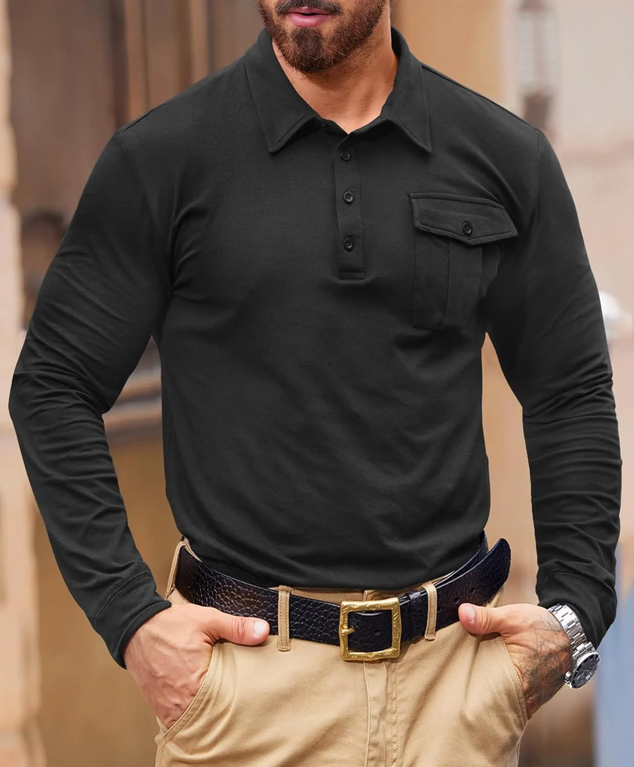 Mens Polo Shirt Cotton Collared Long Sleeve with Pocket Classic Solid Color Button Shirts (S-XXL)