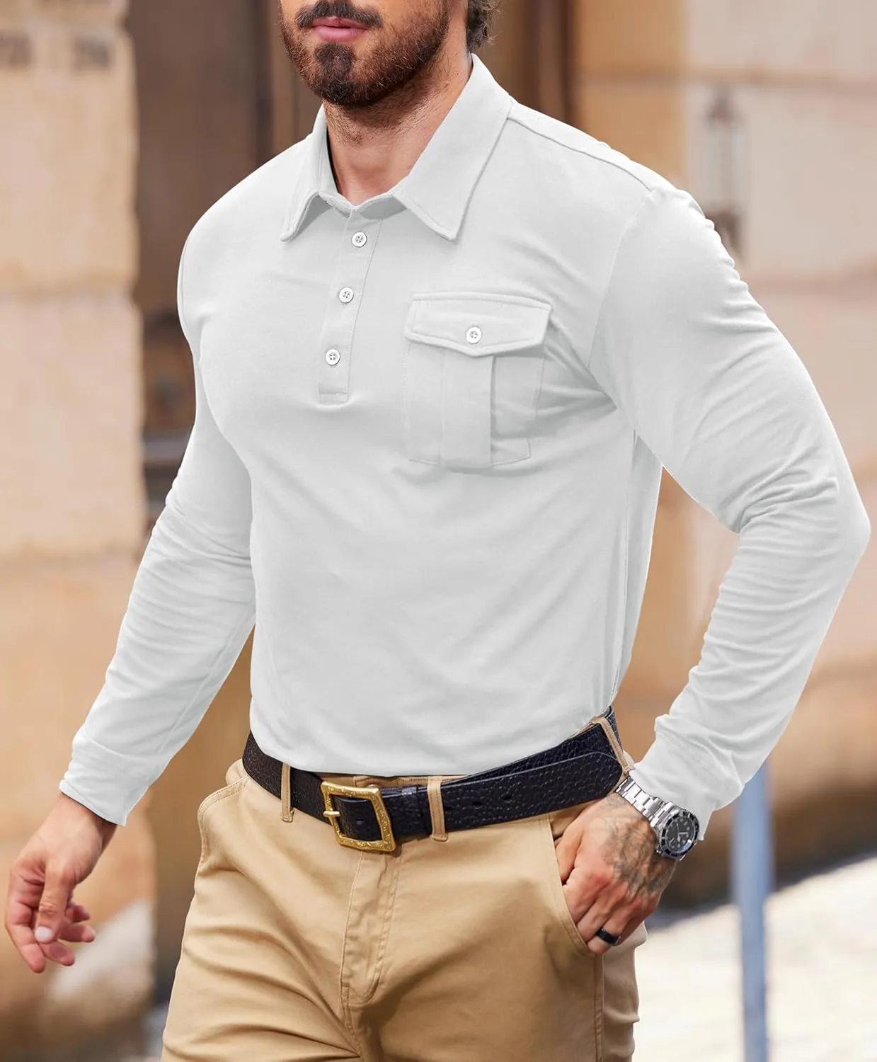 Mens Polo Shirt Cotton Collared Long Sleeve with Pocket Classic Solid Color Button Shirts (S-XXL)