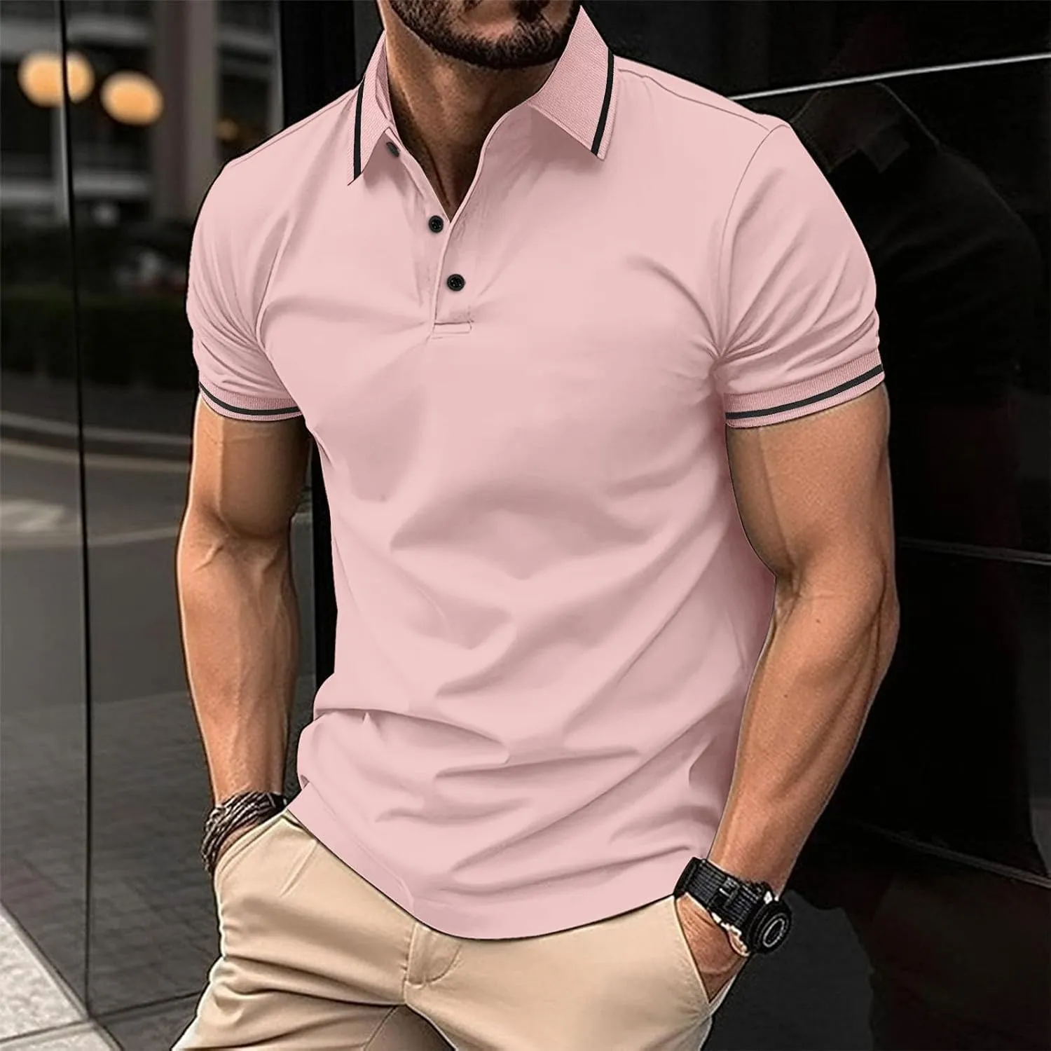 Mens Polo Shirts Casual Summer Short Sleeve Button Down Athletic Shirt Classic Lightweight Solid Color Golf Work Top