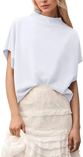 MISSACTIVER Womens Casual Mock Neck Batwing Tee Top Short Sleeve Drop Shoulder Solid Color Baggy Tshirt Summer Outfits