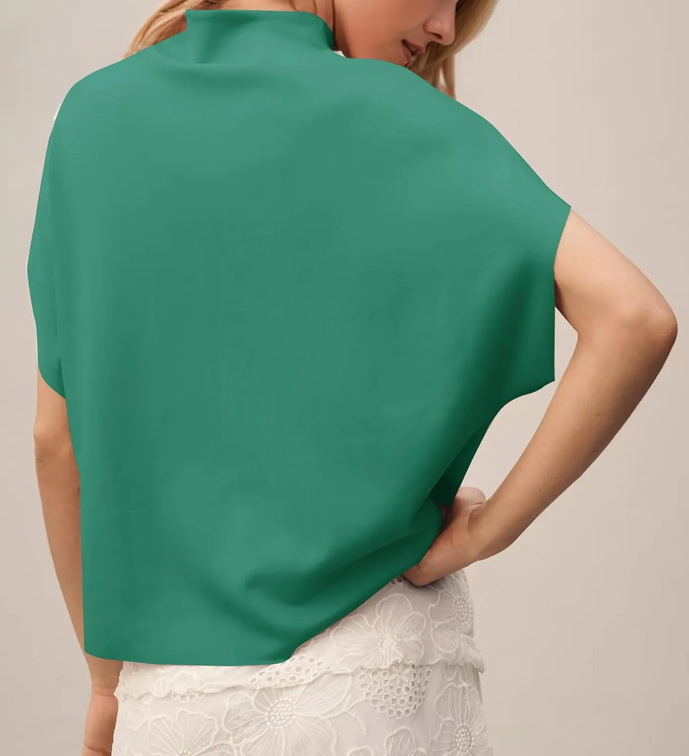MISSACTIVER Womens Casual Mock Neck Batwing Tee Top Short Sleeve Drop Shoulder Solid Color Baggy Tshirt Summer Outfits