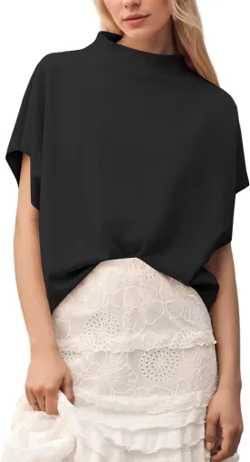 MISSACTIVER Womens Casual Mock Neck Batwing Tee Top Short Sleeve Drop Shoulder Solid Color Baggy Tshirt Summer Outfits
