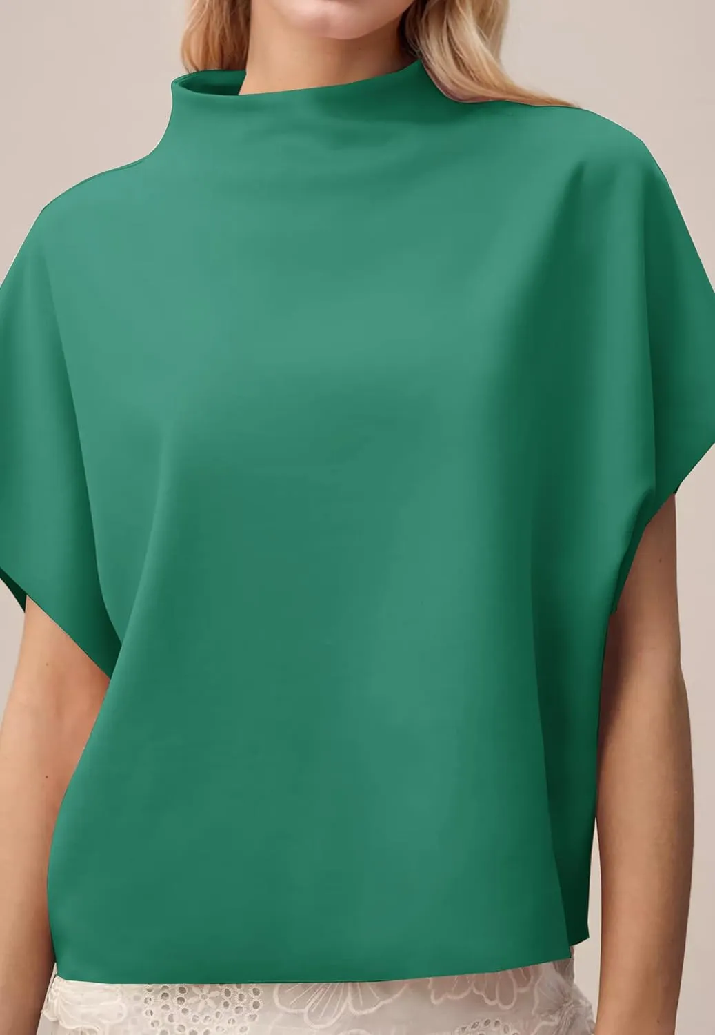 MISSACTIVER Womens Casual Mock Neck Batwing Tee Top Short Sleeve Drop Shoulder Solid Color Baggy Tshirt Summer Outfits