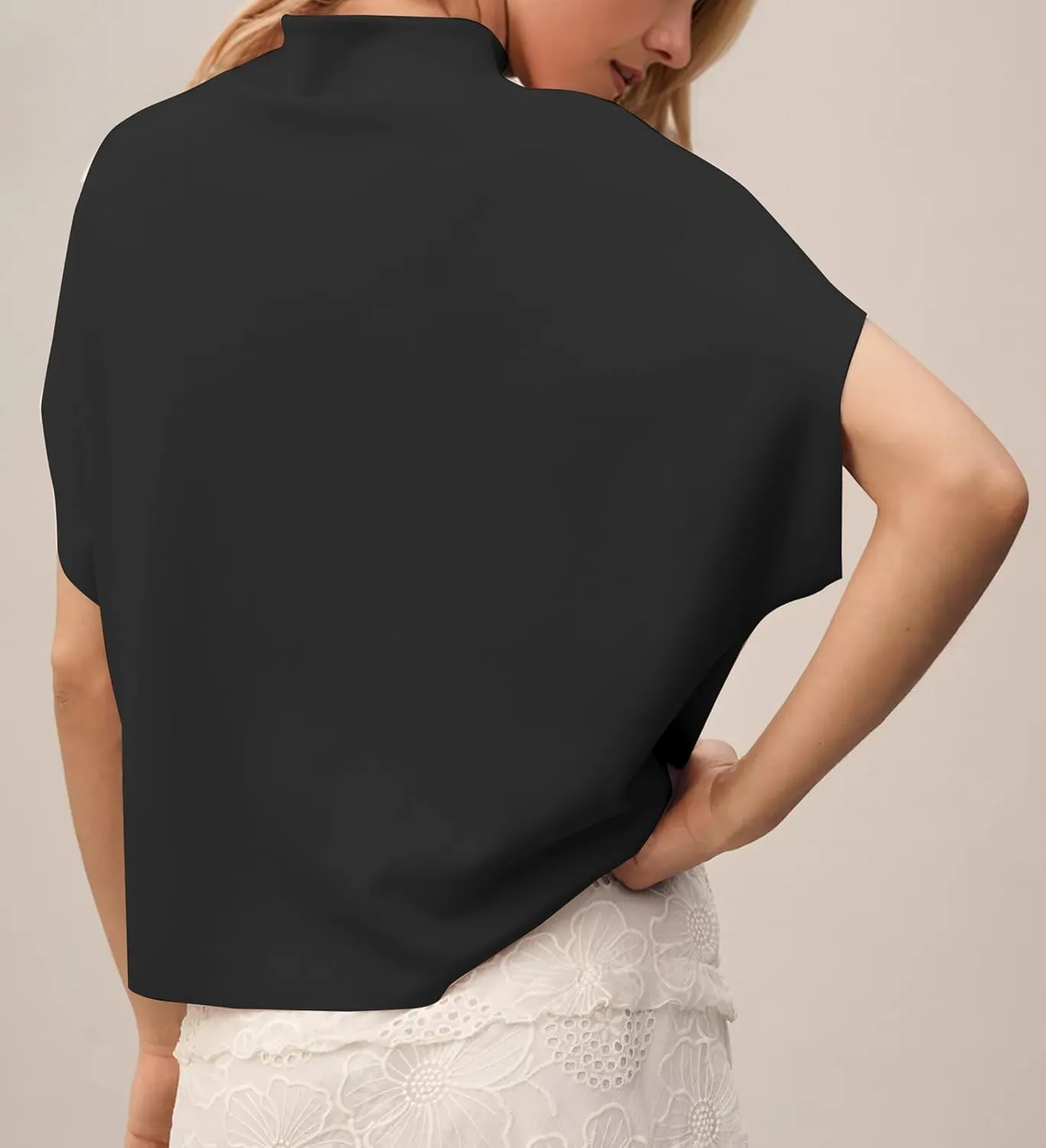 MISSACTIVER Womens Casual Mock Neck Batwing Tee Top Short Sleeve Drop Shoulder Solid Color Baggy Tshirt Summer Outfits