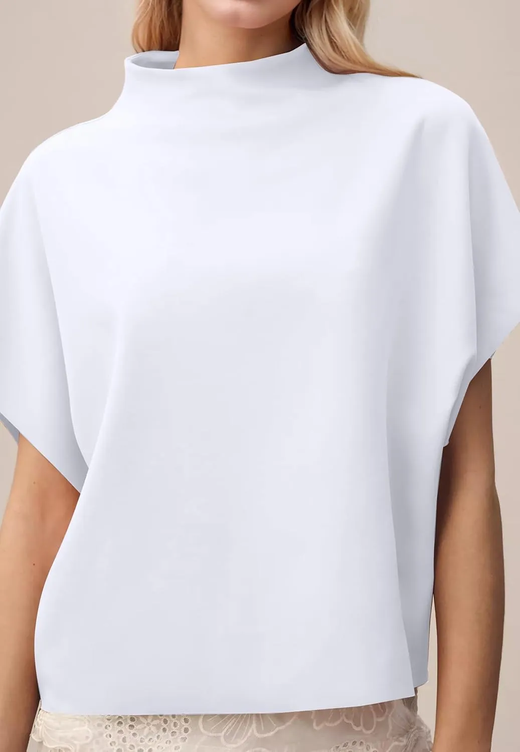 MISSACTIVER Womens Casual Mock Neck Batwing Tee Top Short Sleeve Drop Shoulder Solid Color Baggy Tshirt Summer Outfits