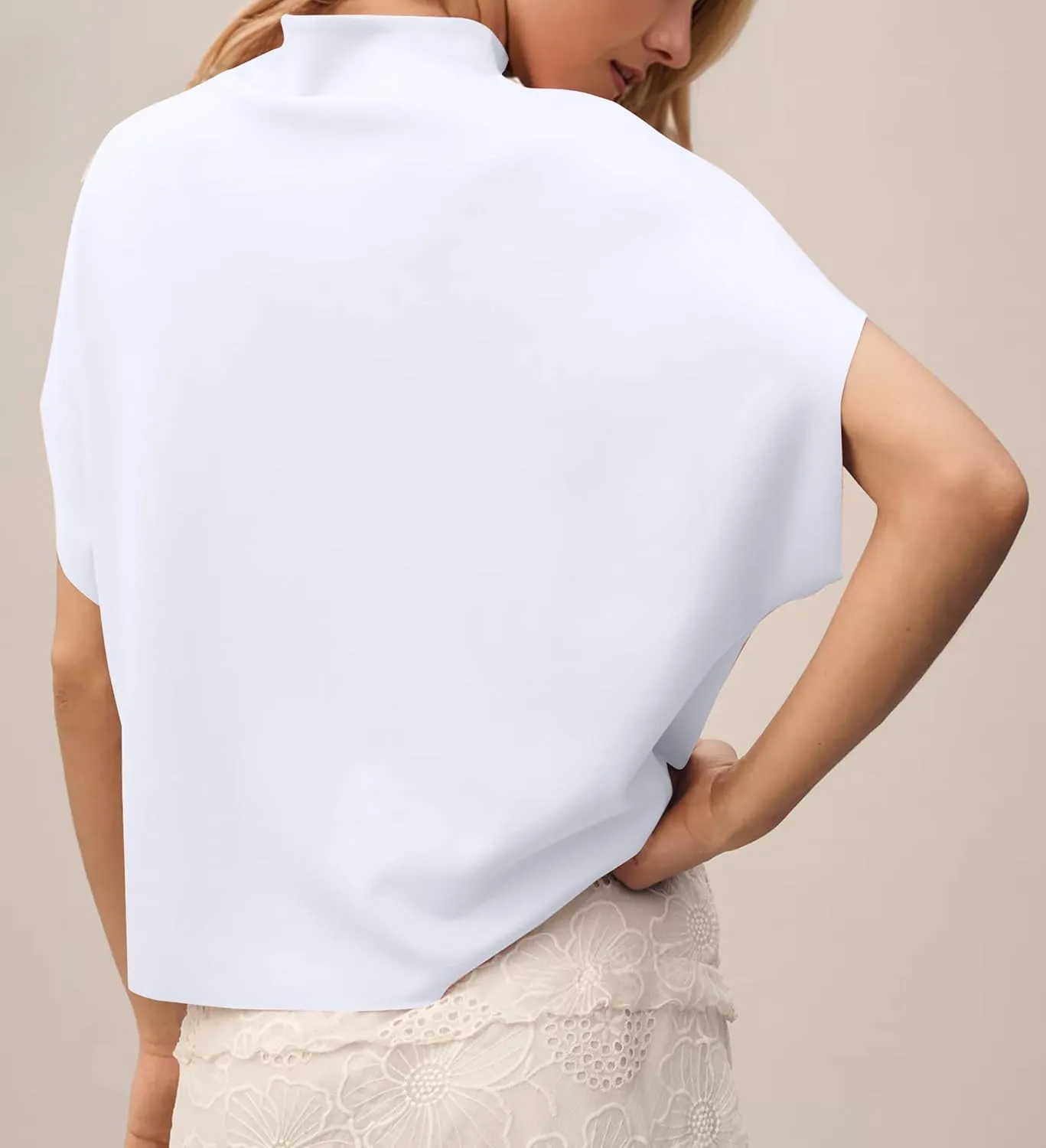 MISSACTIVER Womens Casual Mock Neck Batwing Tee Top Short Sleeve Drop Shoulder Solid Color Baggy Tshirt Summer Outfits
