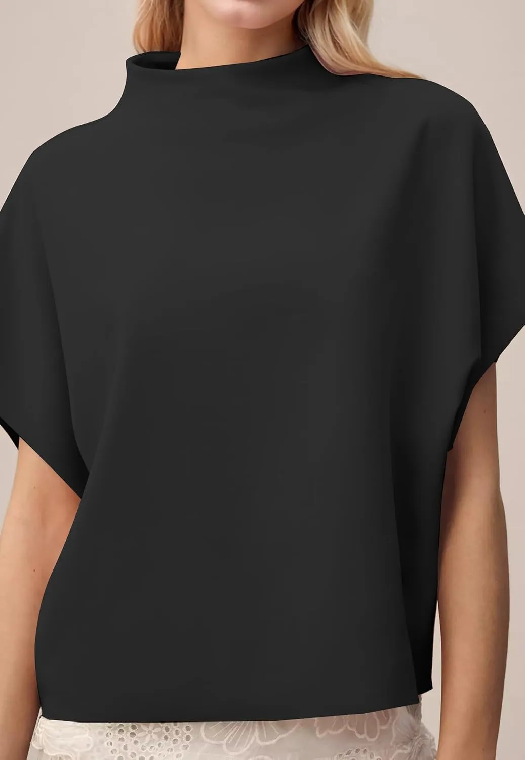 MISSACTIVER Womens Casual Mock Neck Batwing Tee Top Short Sleeve Drop Shoulder Solid Color Baggy Tshirt Summer Outfits