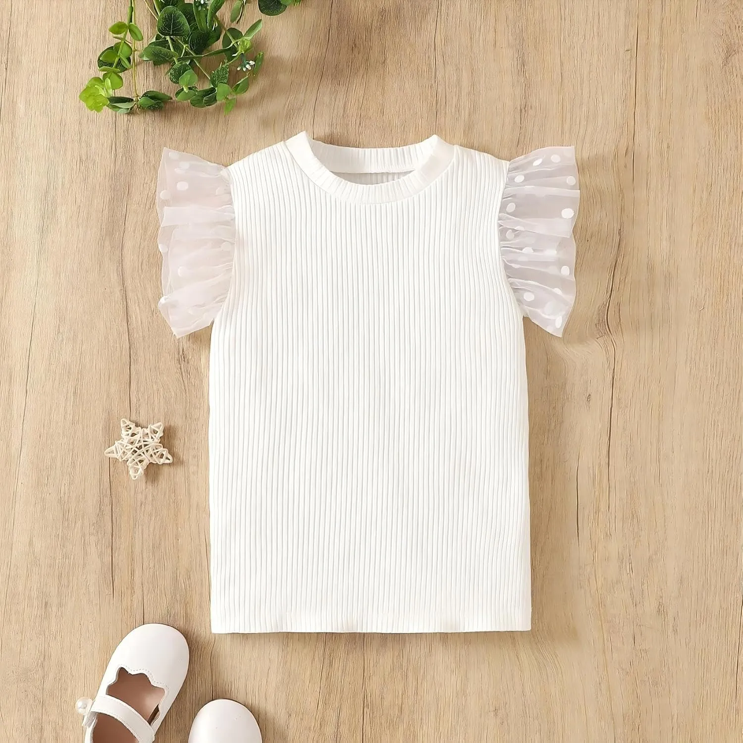 OPAWO Toddler Girl Shirts, Puff Dot Sleeve Baby Tee Shirt, Ribbed Short Sleeve T-Shirt, Solid Color Girls Tshirt Tops, 12M-7Y