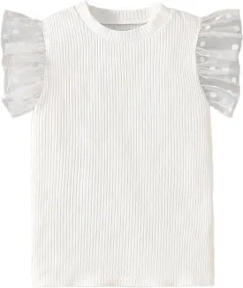 OPAWO Toddler Girl Shirts, Puff Dot Sleeve Baby Tee Shirt, Ribbed Short Sleeve T-Shirt, Solid Color Girls Tshirt Tops, 12M-7Y