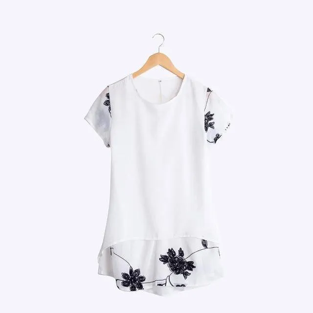 Plus Size - Chiffon Blouse Loose Short Sleeve Embroidery Flower Print Patchwork (US 8-22W)