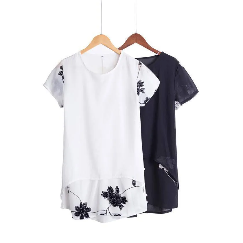 Plus Size - Chiffon Blouse Loose Short Sleeve Embroidery Flower Print Patchwork (US 8-22W)