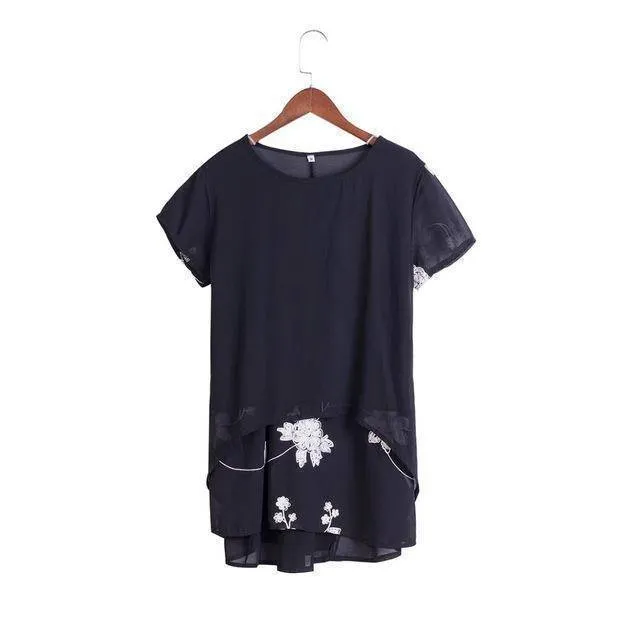 Plus Size - Chiffon Blouse Loose Short Sleeve Embroidery Flower Print Patchwork (US 8-22W)