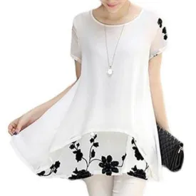 Plus Size - Chiffon Blouse Loose Short Sleeve Embroidery Flower Print Patchwork (US 8-22W)