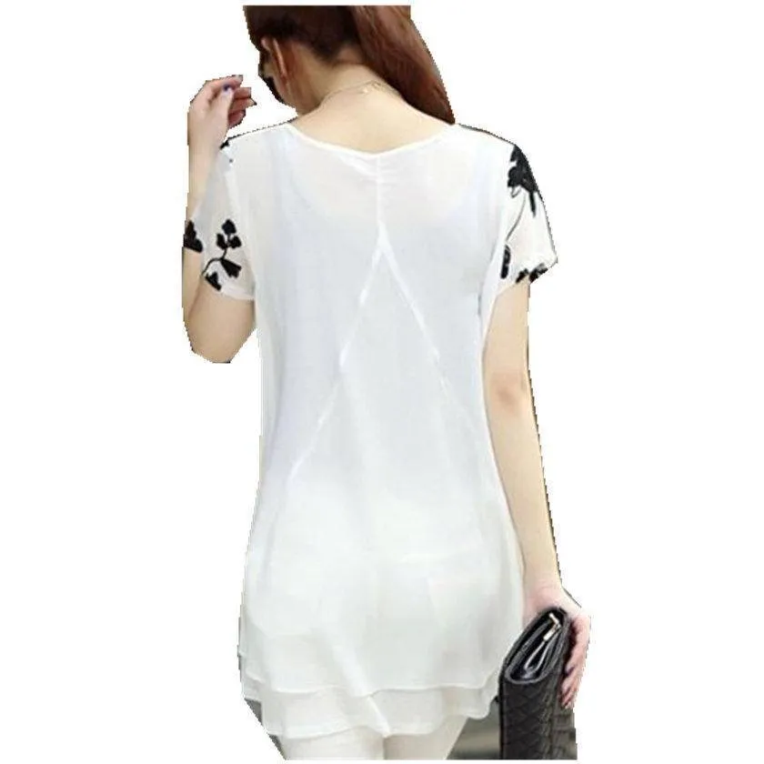 Plus Size - Chiffon Blouse Loose Short Sleeve Embroidery Flower Print Patchwork (US 8-22W)