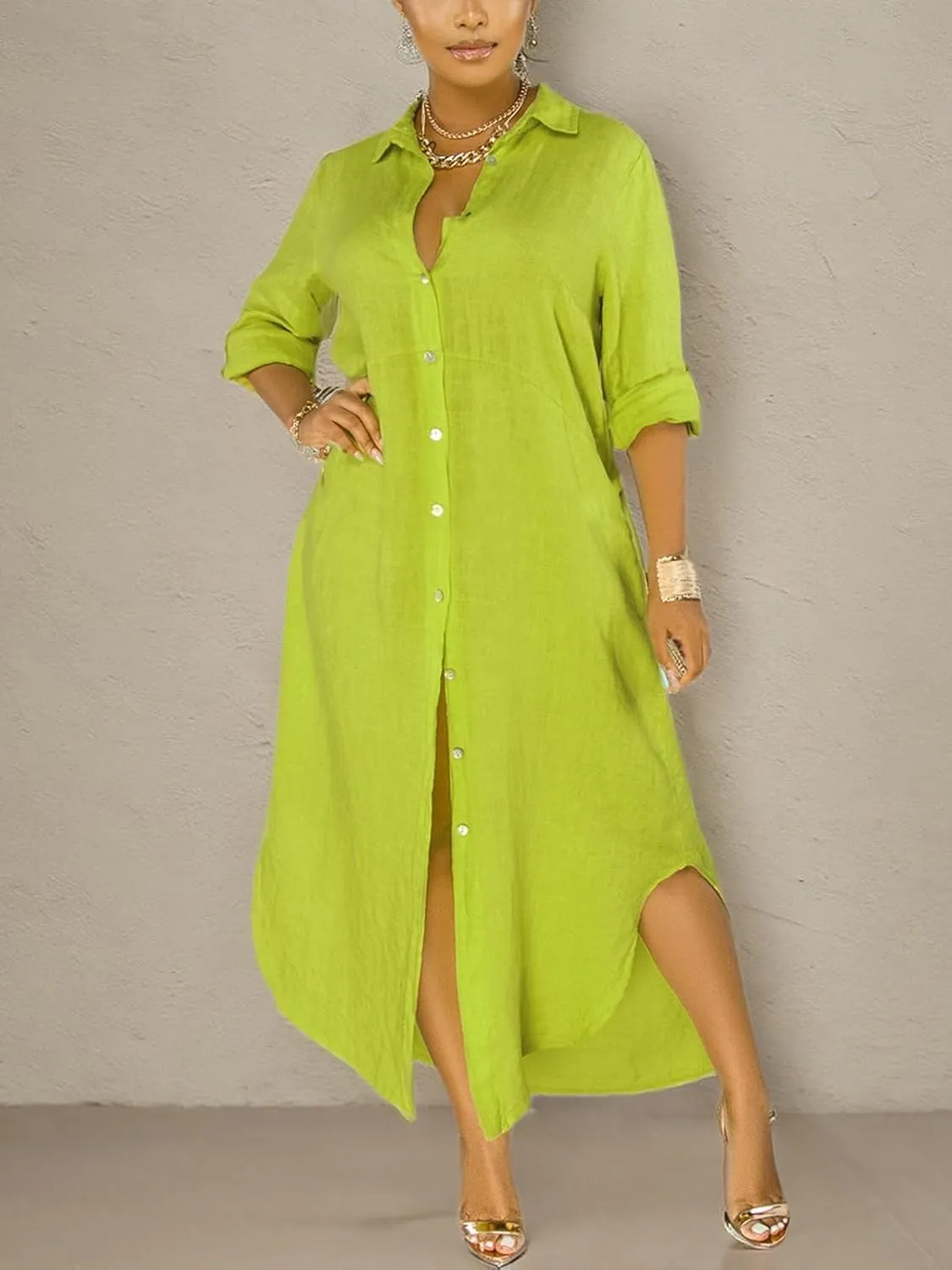 qfmqkpi Women's Solid Color 3/4 Rolled-Up Sleeve Shirts Dress Buttons Down Side Slit Maxi Dresses