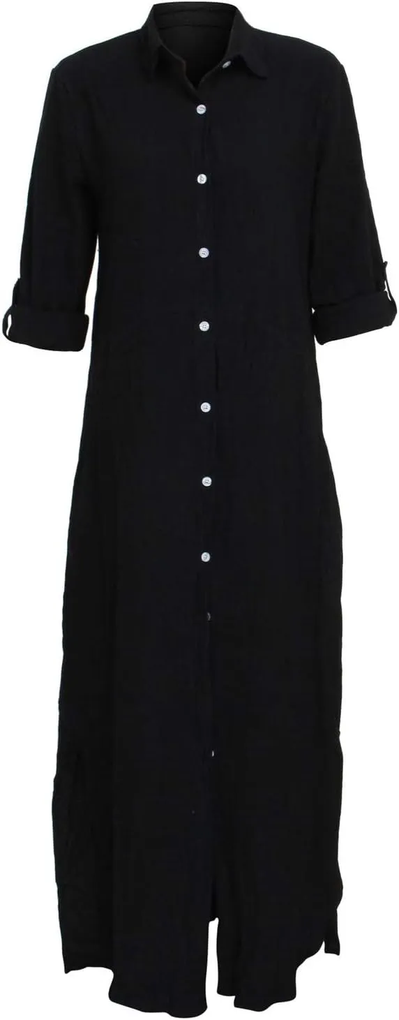 qfmqkpi Women's Solid Color 3/4 Rolled-Up Sleeve Shirts Dress Buttons Down Side Slit Maxi Dresses