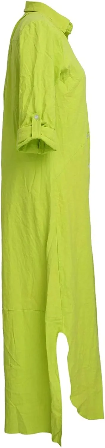 qfmqkpi Women's Solid Color 3/4 Rolled-Up Sleeve Shirts Dress Buttons Down Side Slit Maxi Dresses