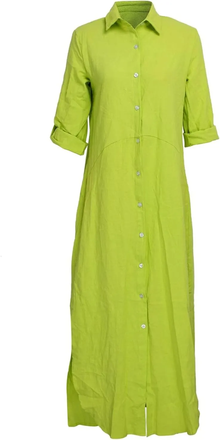 qfmqkpi Women's Solid Color 3/4 Rolled-Up Sleeve Shirts Dress Buttons Down Side Slit Maxi Dresses