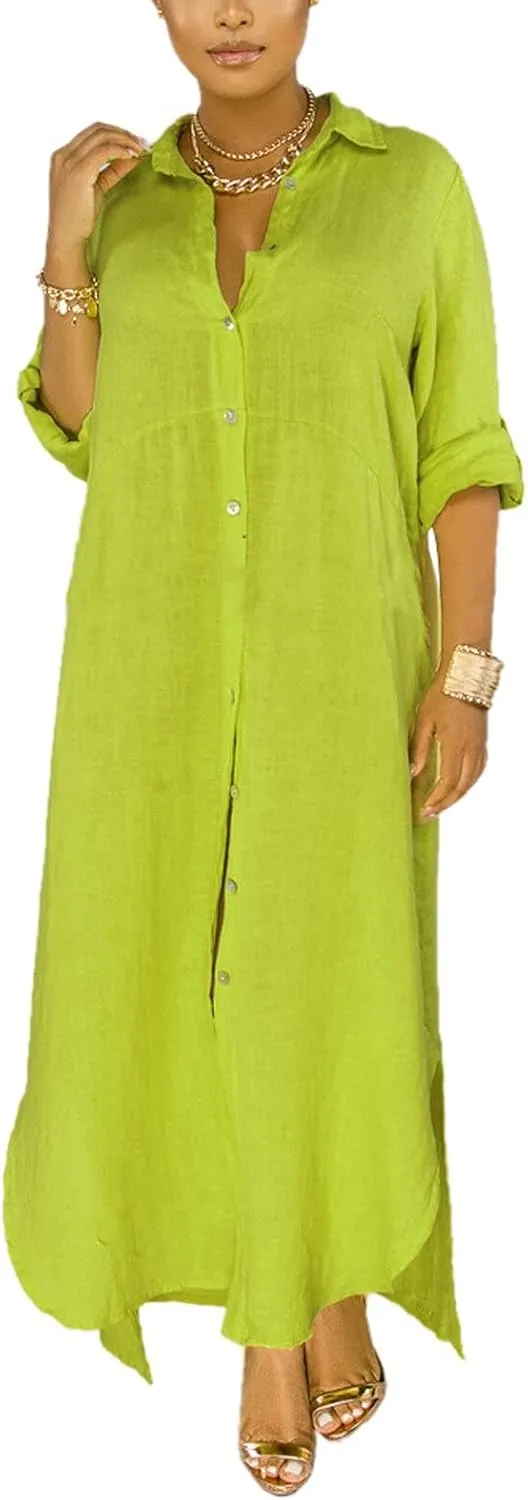 qfmqkpi Women's Solid Color 3/4 Rolled-Up Sleeve Shirts Dress Buttons Down Side Slit Maxi Dresses