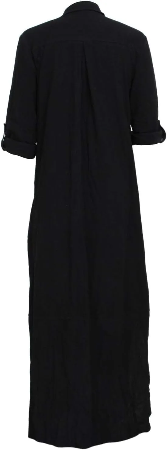 qfmqkpi Women's Solid Color 3/4 Rolled-Up Sleeve Shirts Dress Buttons Down Side Slit Maxi Dresses