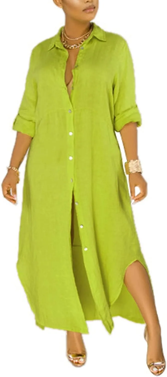 qfmqkpi Women's Solid Color 3/4 Rolled-Up Sleeve Shirts Dress Buttons Down Side Slit Maxi Dresses