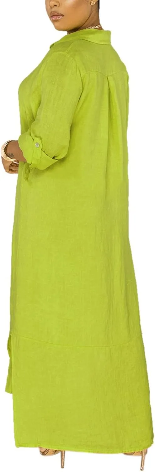 qfmqkpi Women's Solid Color 3/4 Rolled-Up Sleeve Shirts Dress Buttons Down Side Slit Maxi Dresses