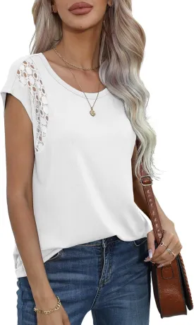 QUEZHU Cap Sleeve Tops for Women Casual Summer Trendy Basic Tee Shirts Solid Color Loose Fit T-Shirts
