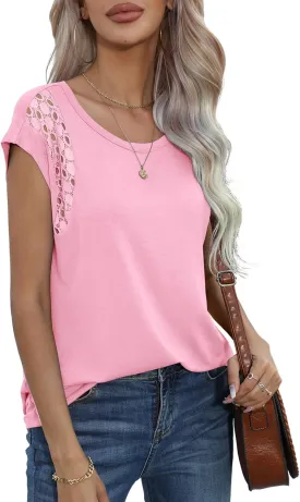 QUEZHU Cap Sleeve Tops for Women Casual Summer Trendy Basic Tee Shirts Solid Color Loose Fit T-Shirts