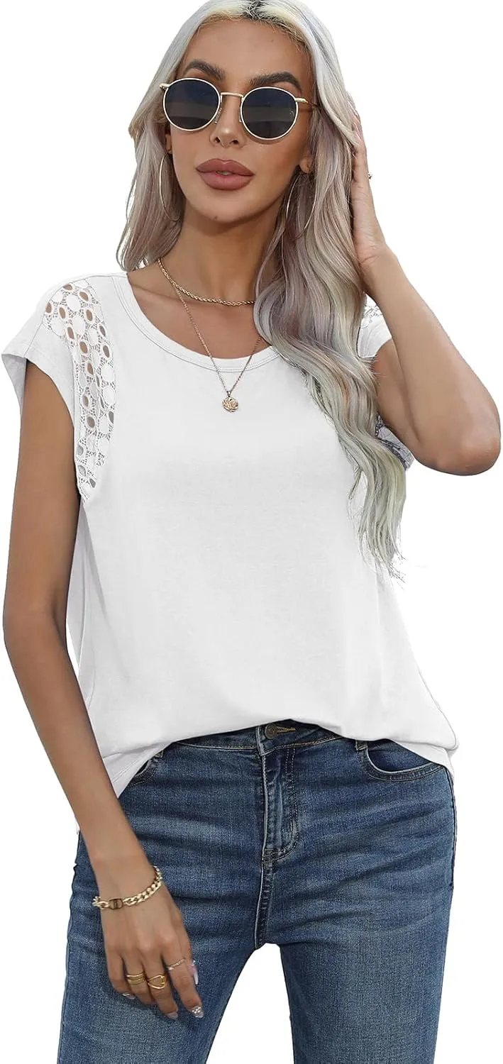 QUEZHU Cap Sleeve Tops for Women Casual Summer Trendy Basic Tee Shirts Solid Color Loose Fit T-Shirts