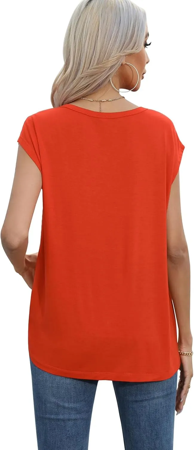QUEZHU Cap Sleeve Tops for Women Casual Summer Trendy Basic Tee Shirts Solid Color Loose Fit T-Shirts