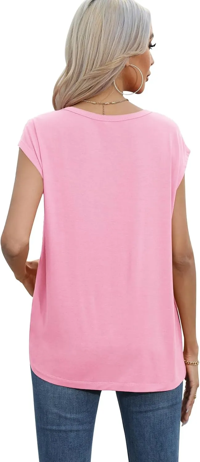 QUEZHU Cap Sleeve Tops for Women Casual Summer Trendy Basic Tee Shirts Solid Color Loose Fit T-Shirts