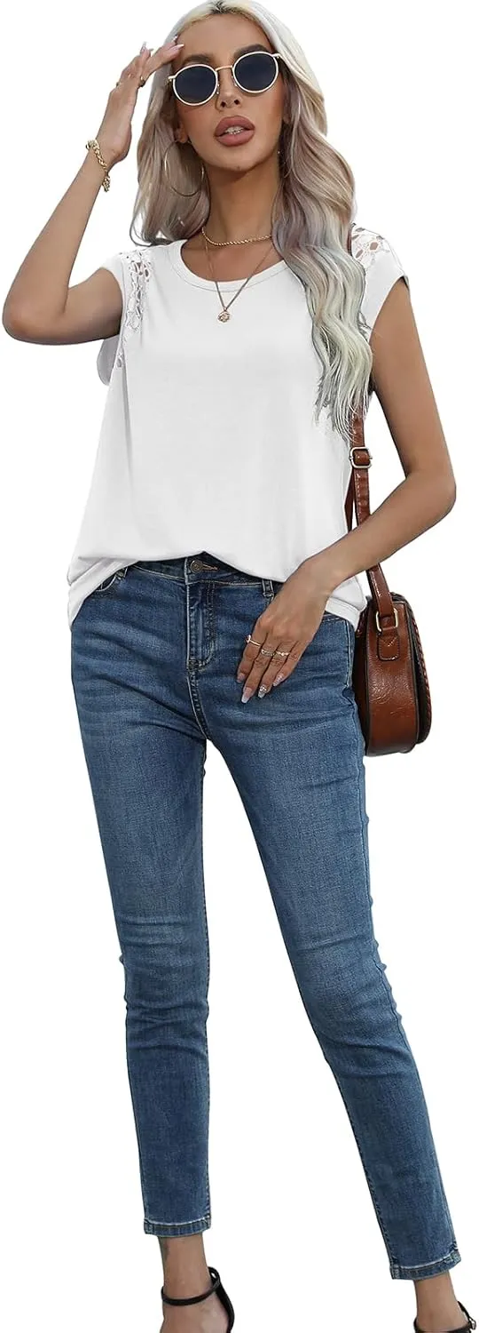 QUEZHU Cap Sleeve Tops for Women Casual Summer Trendy Basic Tee Shirts Solid Color Loose Fit T-Shirts